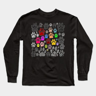 Colorful Distressed Dog Paw Prints On Gray Long Sleeve T-Shirt